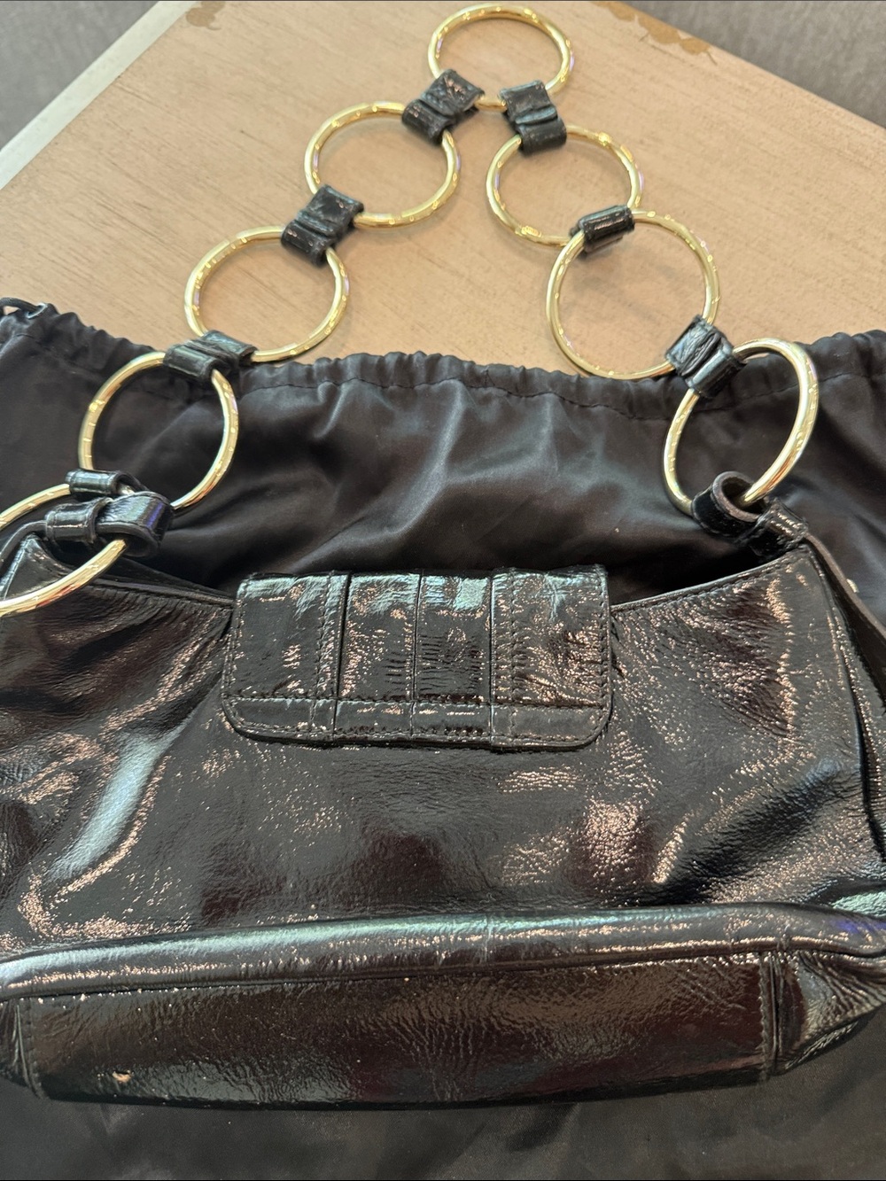 Yves Saint Laurent Black Patent Leather Shoulder Bag with Gold Ring Chain - Picture 6 of 6